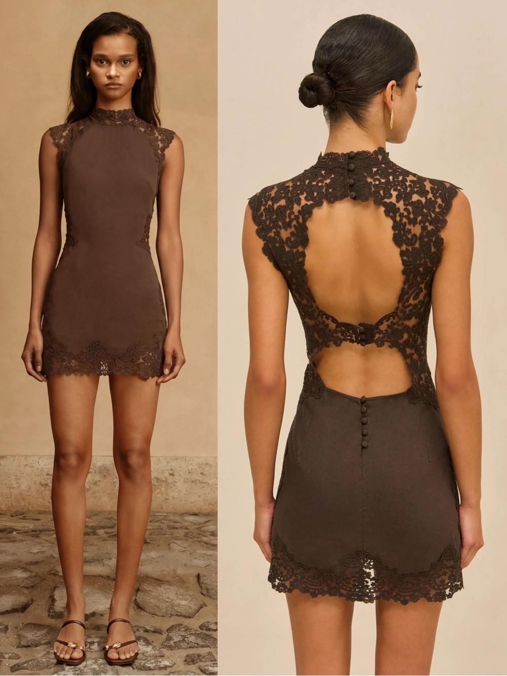 Cult Gaia Riti Lace Trim Linen Mini Dress Luwak Brown